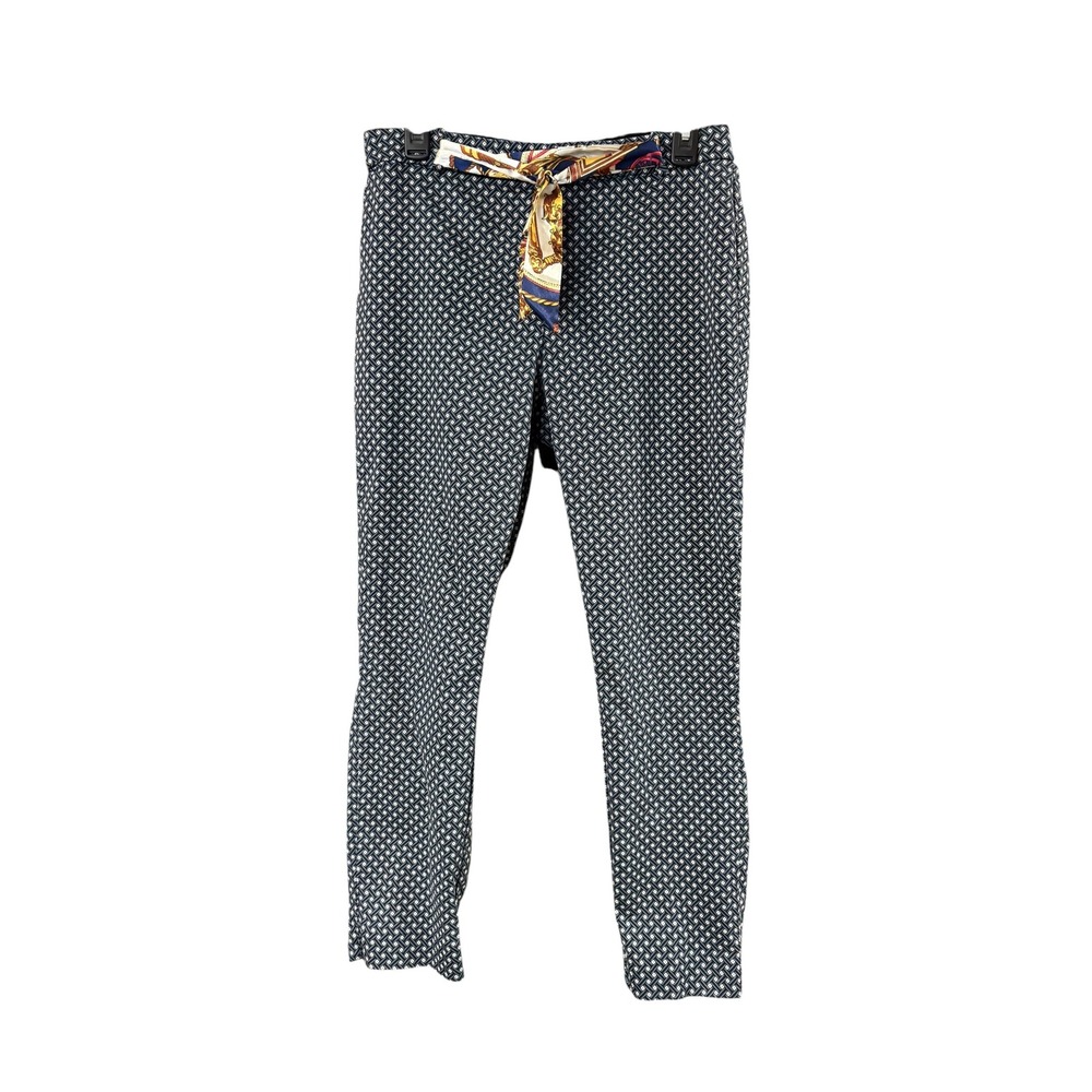 HM Womens Navy White Geometric Ankle Pants Scarf Belt Trousers Size 12 Slim Fit